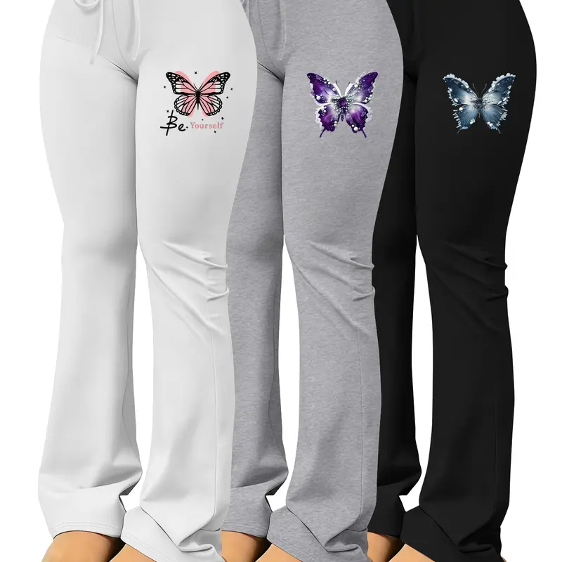 3-Piece Set, Women's Pants Set Butterfly Embroidery/Print Pattern Cool, High-End, Edgy Style, Fashion Style Sets, Suitable for Daily Casual Wear, Casual Matching Sets, Summer Matching Set