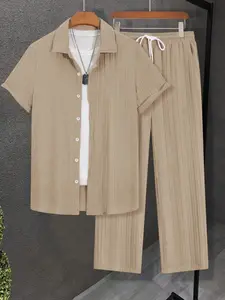 Men's fashion Classic solid color Plain short-sleeved shirt   long pants two-piece set, leisure vacation style, loose version breathable fabric, shirt &; straight-leg pants, spring and autumn wear. Clothes