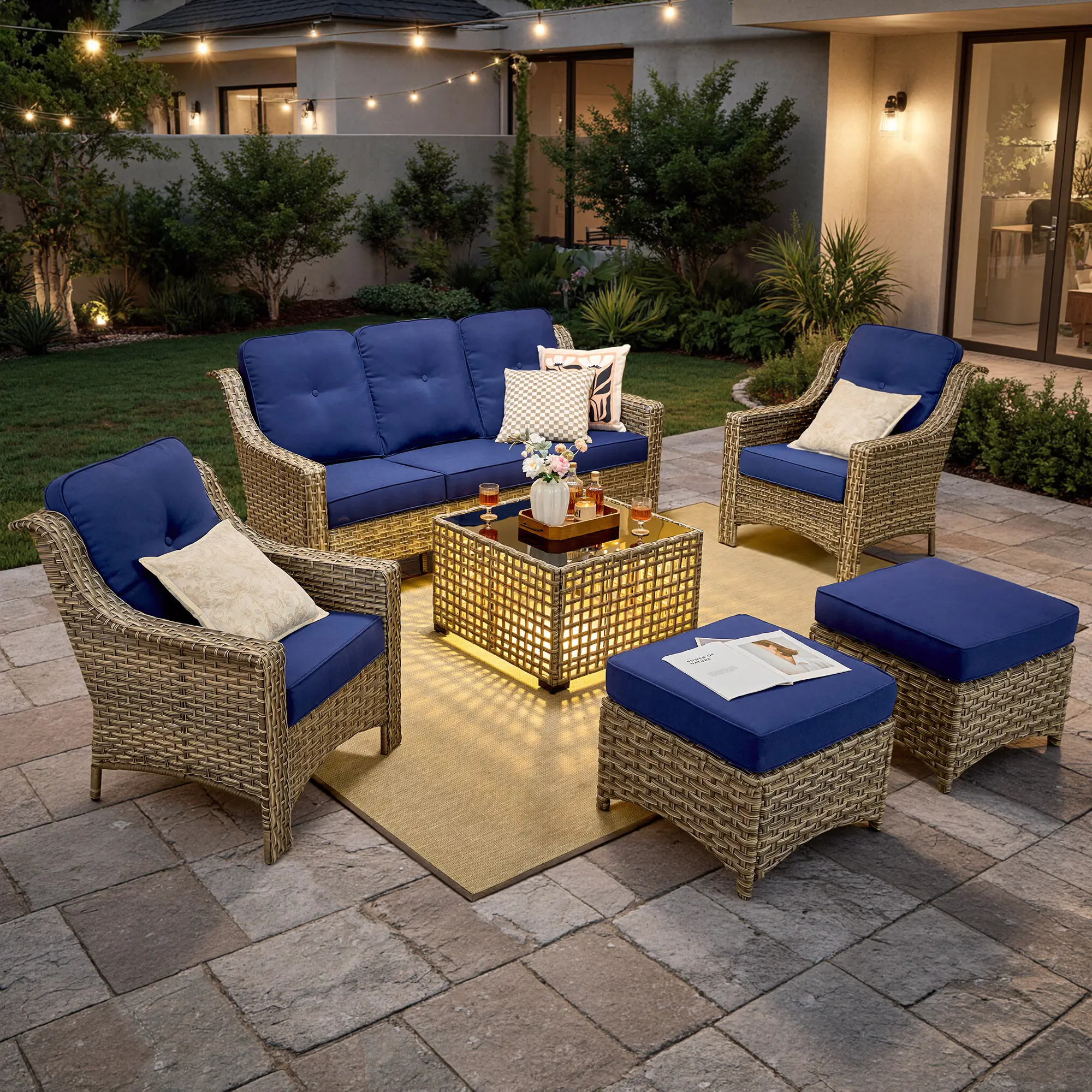 XIZZI 5-Piece Outdoor Wicker Rattan Furniture Set - Patio High-Back Swivel Rocker Sofa Conversation Set with Solar-Powered Coffee Table for Gatherings, Parties