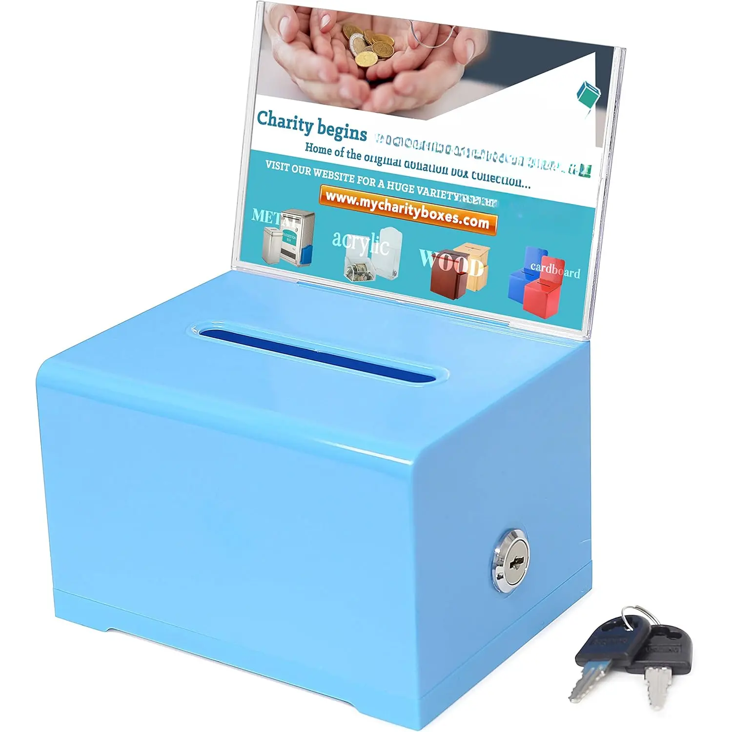 Donation Collection Ballot Box Ticket & Drawing Voting or Comment Box office and fundraising suggestion box 6.25 x 4.75 x 4 inch Box Display Sign Holder 4 x 6 inch with Lock and  (Blue)