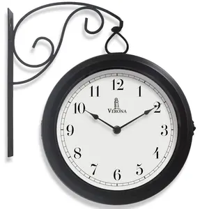 Metal Double Sided Wall Clock 10" - Decorative Indoor Outdoor Double Sided Clock - Easy to Read, Hanging Train Station Style for Patio, Garden, Office & More - Antique Style Outside Corner Wall Decor