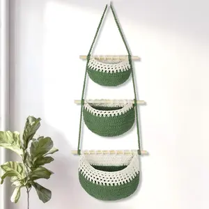 Boho Style Handwoven Rope Hanging Basket - 3-Tier Detachable Storage Organizer for Kitchen/Bathroom/Entryway, 3 Included Heavy-Duty Hooks, 7 Color Options Available (Green&White)