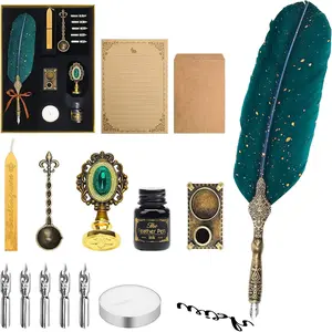 Quill Pen and Ink Set, Calligraphy  Pen Set with Wax Seal , Ink, Replacement Nibs, Spoon, Envelope Letter Paper, White Wax, Antique Quills (Green)
