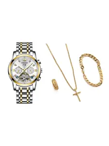 4-piece set of men's silver diamond-encrusted steel band hollowed-out gear automatic mechanical stainless steel watch necklace bracelet ring