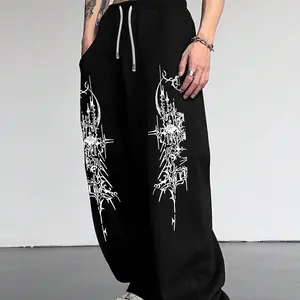 Men's Casual Sporty Long Pants, Tattoo Pattern Printed Sweatpants, Drawstring Loose Wide Leg, All-Season Fitted Men's Clothing, Sports Casual Pants