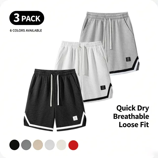 Men’s 3-Pack Jacquard Waffle Fabric Shorts - Quick-Dry, Breathable, Loose Drawstring Active Shorts for Gym Workout, Summer Beach Casual with Pockets | Menswear, short shorts