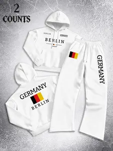 Men's Street Style Hoodie and Sweatpants Set, German Flag Letter Print, Outdoor Adventure and Casual Wear, 2 Piece Set, Boyfriend/husband Gift