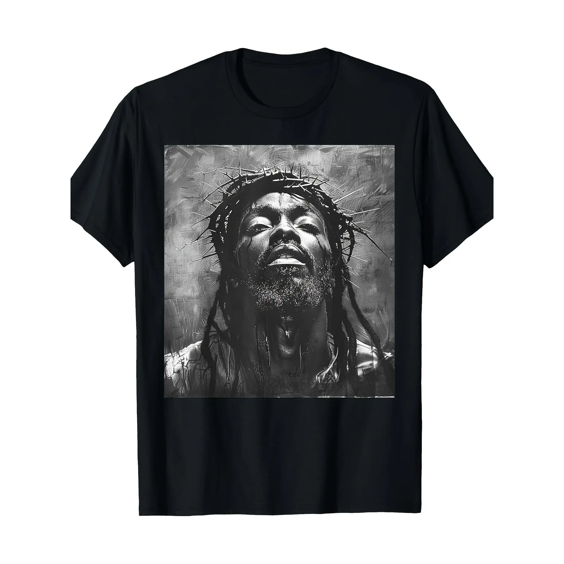 Men's 100% Cotton Graphic T-Shirt - Black Jesus Christ Design, Short Sleeve Crew Neck, Breathable & Comfortable, Perfect for Casual Wear, Church, and Everyday Use