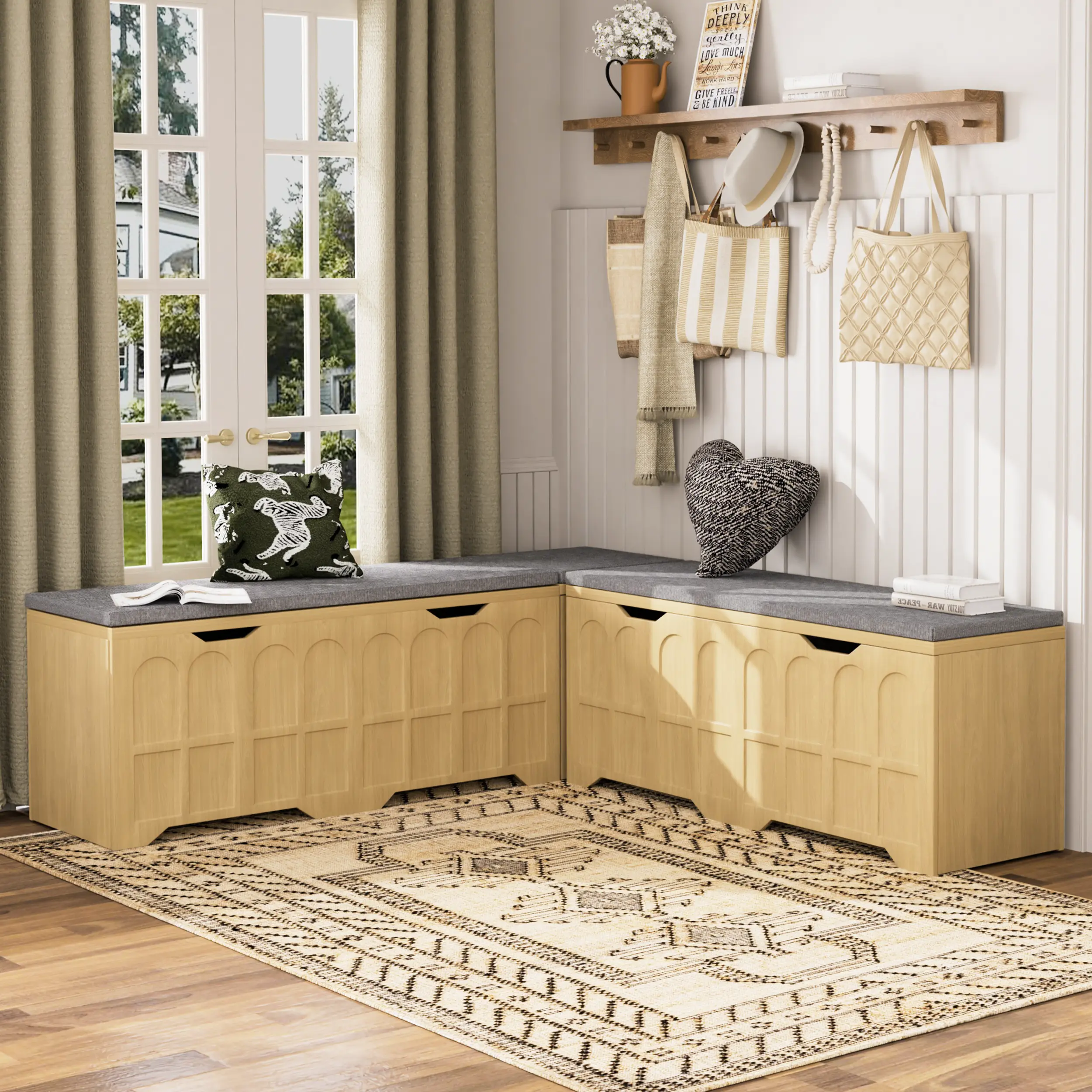 3-Piece L-Shaped Storage Bench with Padded Cushion - Multifunctional Corner Shoe Bench & Toy Storage Box for Entryway Living Room, Natural Wood