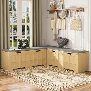 3-Piece L-Shaped Storage Bench with Padded Cushion - Multifunctional Corner Shoe Bench & Toy Storage Box for Entryway Living Room, Natural Wood