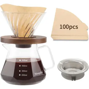 Pour Over Coffee Maker, 20 oz High-Heat Borosilicate Glass Coffee Maker with 100pcs Paper Filters, 5 in 1 Drip Coffee Maker Set for Home Café Restaurant and Camping - 600ml, Clear