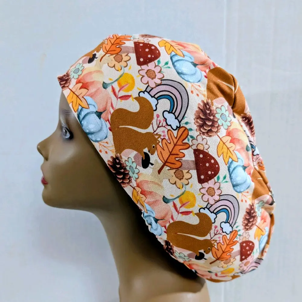 Scrub Cap, Surgery Hat, Chemo Hat, Euro Style Scrub Cap, Soft and Stretchy, squirrel, fall