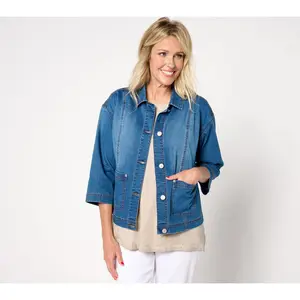 LOGO by Lori Goldstein 3/4 Sleeve Denim Jacket w/ Patch Pockets