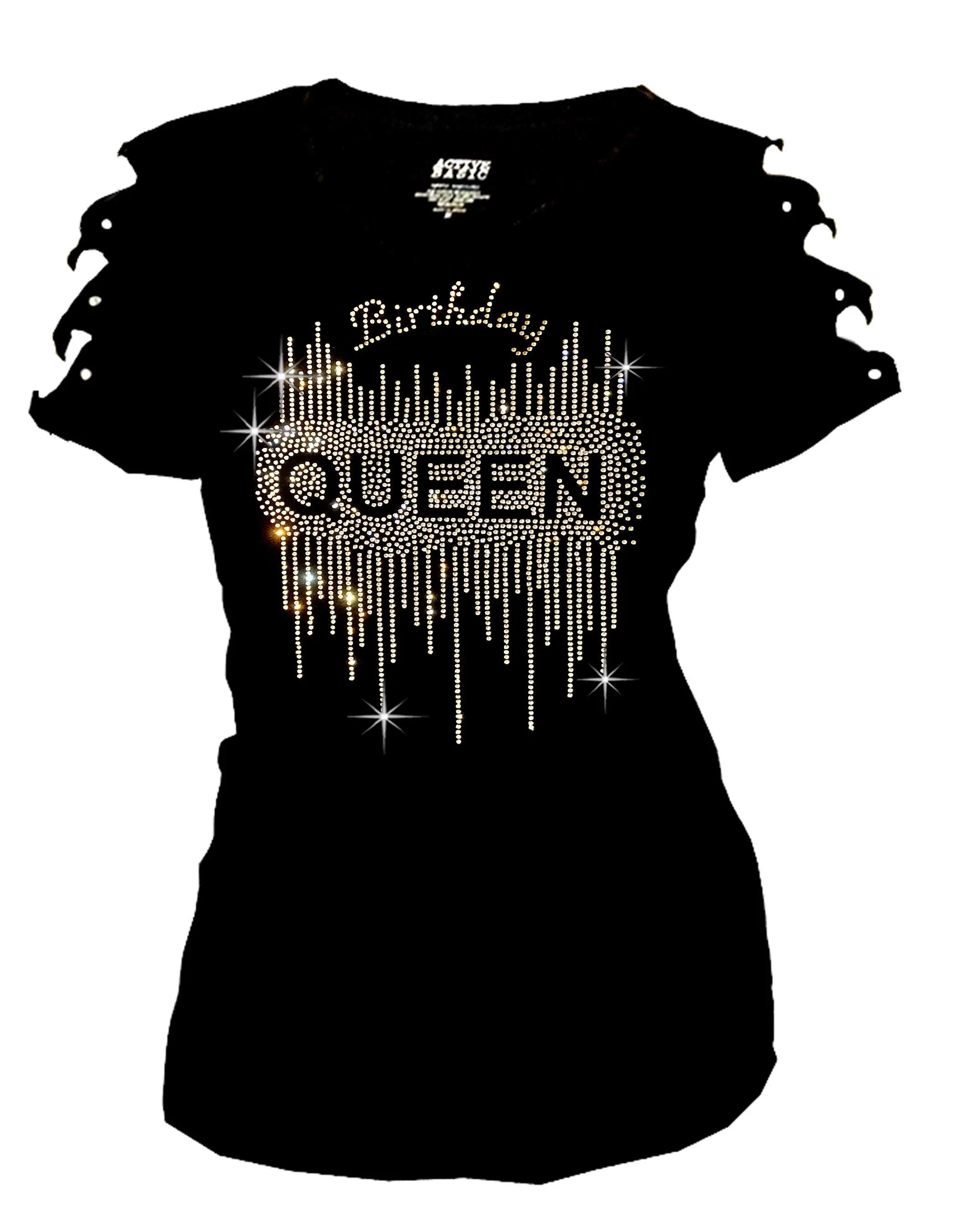 Women's Birthday Queen T-Shirt Bedazzled Rhinestone Cut Out Short Sleeve Tee Soft Cotton Blend Flattering Silhouette Comfortable Fit, Birthday Vibes Tee, Trendy Bedazzled Graphic Tee, Cute Ripped Cut Out Birthday Shirt Gift for Women