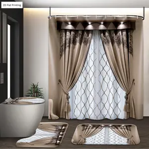 1/3/4PCS Elegant style with Tassels for Home Decor Shower Curtain Set with Rugs, Non Slip Bath Mat, U-Shape Carpet, Toilet Lid Cover, Polyester Fabric Bathtub Curtain Accessories, 12 Hooks, Home Bathroom Festival Decor