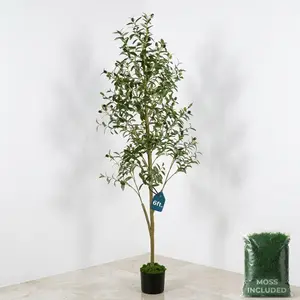 6ft (180 cm) Artificial Olive Tree with Black Pot & Moss – 1080 Leaves, 60 Olives, Lifelike Fake Indoor Potted Plant for Home, Living Room, Office & Bedroom