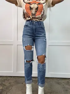 Lindsey Distressed Boyfriend Stretchy Jeans - Medium Wash