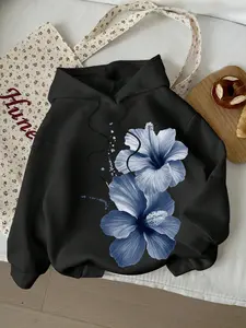 Women's Letter Floral Print Long Sleeve Casual Hoodie, Fitted Graphic Sweatshirt for Fall & Winter, Comfortable Daily Wear, Hoodie Print Flower Hoodies