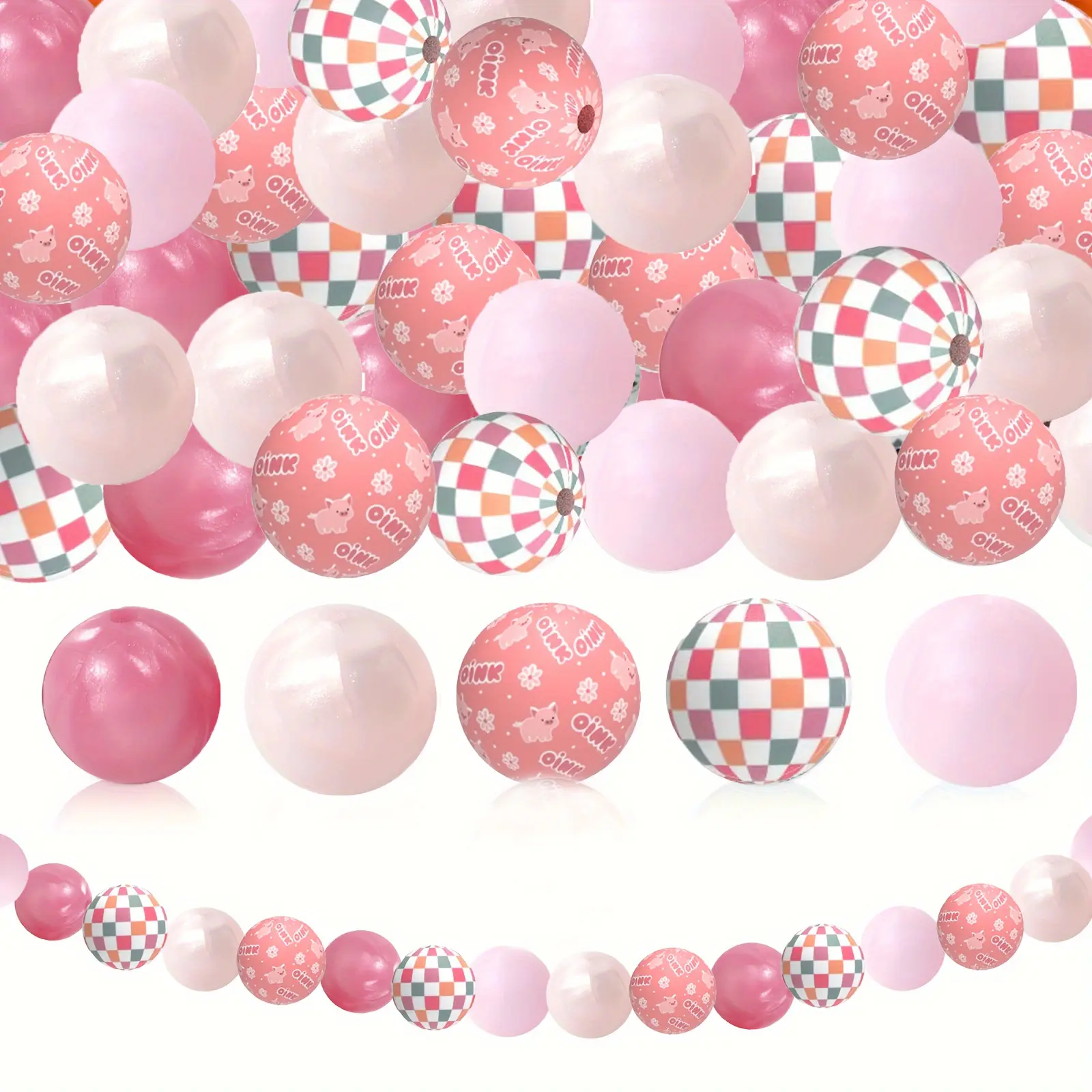 50 pink pig-shaped and colorful checkered silicone beads, suitable for DIY keychains, jewelry making, bead accessories, bracelets, necklaces, and home decorations.