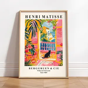Black Cat Matisse Art Print - Pink Beachy Mid-Century Modern Poster MCM Aesthetic Decor Poster Unframed, Wall Art Decor