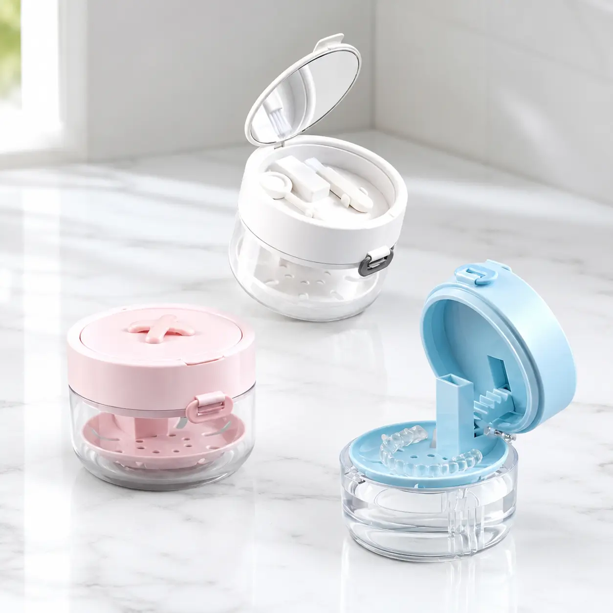 Retainer Box, Compact Retainer Cleansing Case with Drain Tray, Mirror & Brush - On-the-Go Cleaning Storage Soak Container for Home & Travel Use