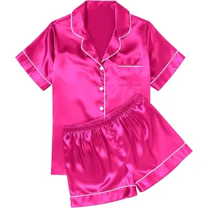 Womens Silk Satin Pajama Sets Soft Short Sleeve Button Down Sleepwear Top and Shorts 2 Piece Pjs Lounge Set