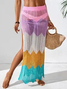 Women's Color Block Crochet Maxi Skirt – Open Knit Beach Cover Up with High Side Slit, Elastic High Waist Swimwear Cover for Summer Vacation & Pool Party, Crochet Bikini Coverups