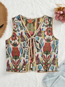 Women's Floral Pattern Tie Front V Neck Vest, Boho Sleeveless Outerwear for Beach Vacation Holiday, Ladies Clothes for All Seasons