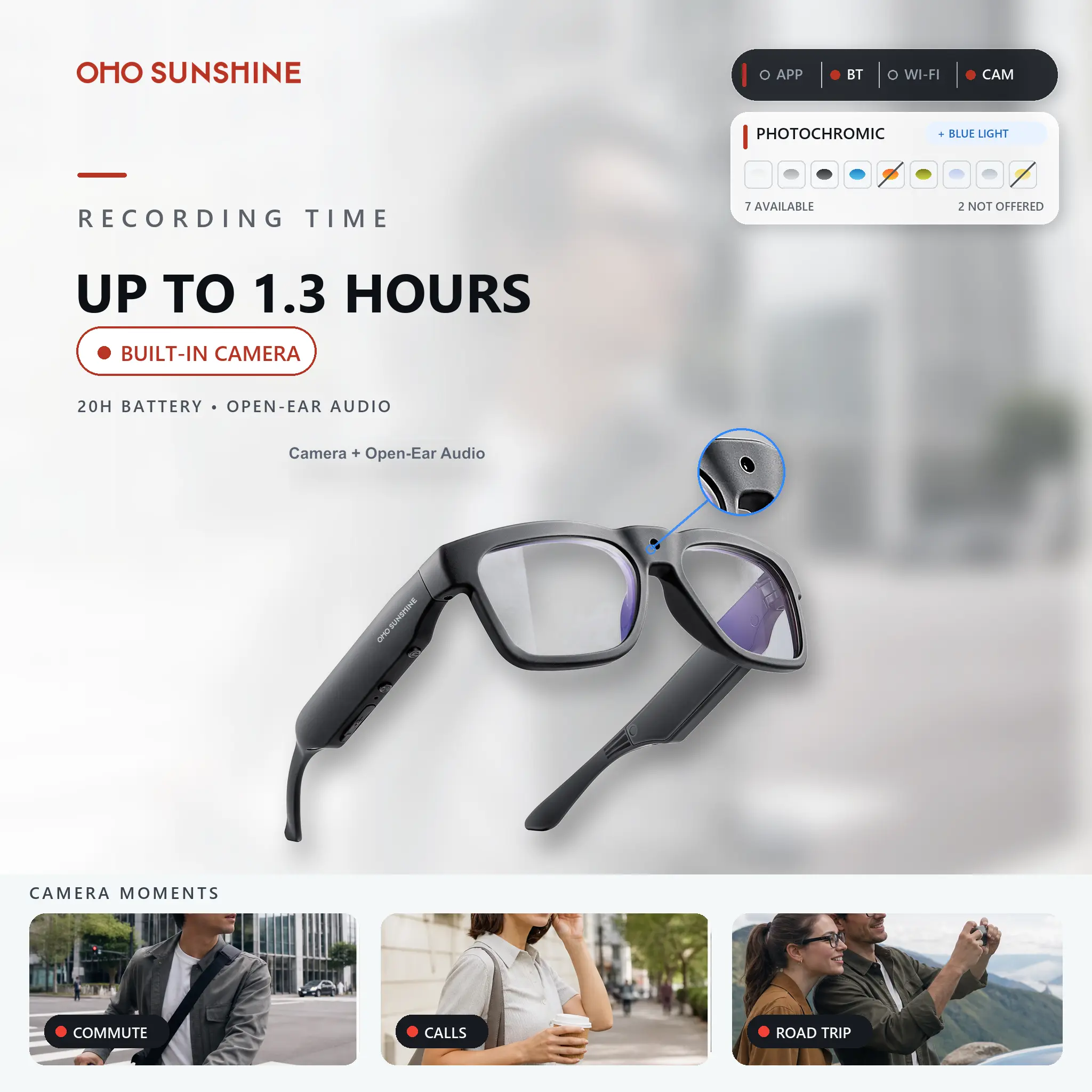 OhO Sunshine Edge Glass Smart Glasses - Wireless Wearable Tech Gadgets with Camera, Bluetooth Open-Ear Speakers Keep Music in Reach, Polarized UV Sun Protection, Music Player, Hands-Free Calling, Indoor/Outdoor Multi-Sports, Cell-Compatible, Unisex