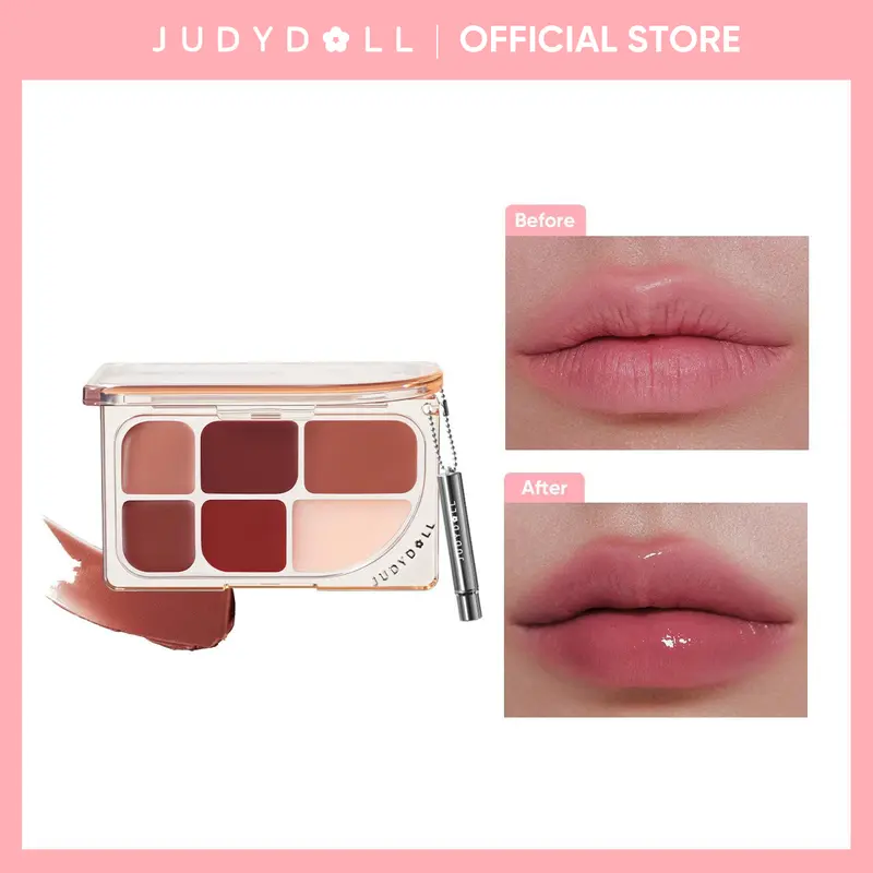 JUDYDOLL 6-Color Lip Palette, Multi-Use, Fine Shimmer, Creamy Texture, High Coverage, Matte And Glossy Finish, Lip Care, Moisturizing, Easy To Apply, Built-In Lip Brush, Compact, Unique, Cute, Textured Design, Travel Friendly, Refresh Look, Summerwins
