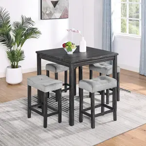 Dining Bar Table and Chairs Set 5 Piece Bar Table Set, Industrial Breakfast Table with 4 Padded Stools for Kitchen Dining Room Living Room (Black + Gray)