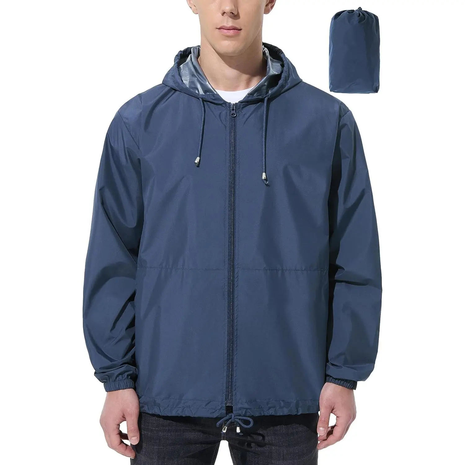 Men's Waterproof Raincoat, Lightweight Packable Hooded Windbreaker, Sporty Menswear Tops for Hiking and Running, Coats, Storage, Portable, Adjustable