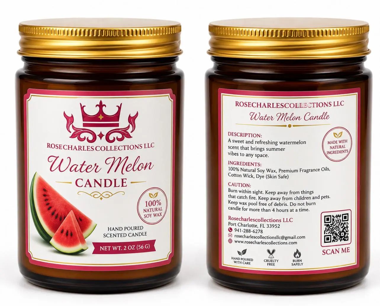 RoseCharlesCollections LLC 2 oz Watermelon Soy Candle - 100% Natural Wax, Hand Poured, Sweet Refreshing Aroma, Nature-Infused Ingredients, Home Decor Freshener