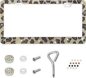 Bling License Plate Frame, Sparkly Rhinestone Obstruction-Free License Plate Holder with Screw Caps, Stainless Steel Car Tag Cover Diamond Decoration for Women Girls (Leopard Print)