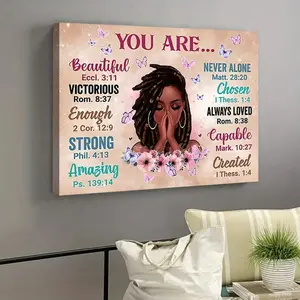 1PC Framed Inspirational Christian Quotes Canvas Art, Beautiful Woman Illustration With Motivational Bible Verses, Modern Aesthetic Wall Artwork Wall Pictures For Living Room Bedroom, Uplifting Gift For Women Of Faith