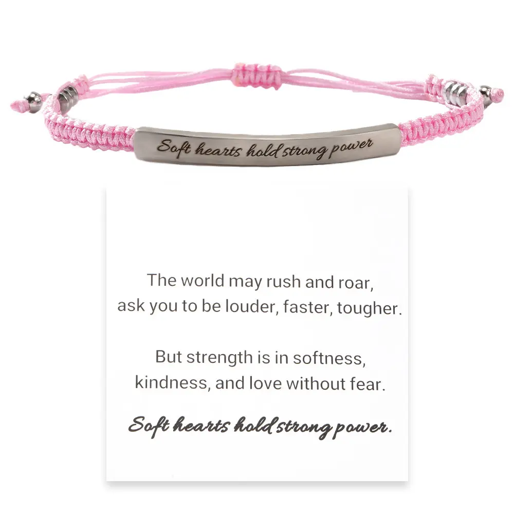 Braided Bracelet for Women with Inspirational Quote Soft Hearts Hold Strong Power Pink Motivational Jewelry Gift