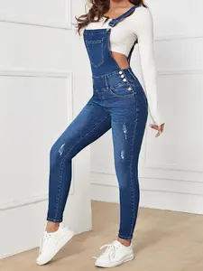 Women's Adjustable Strap Elastic Denim Workwear Jumpsuit, Loose-Fitting Casual Style, Spring & Fall Fashion, Plain Pattern
