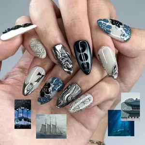 Kpop Indigo Voyage Press-On Nails| 3D Silver Shark, Ocean Waves, Korean Art (Handmade)|HC1321IC
