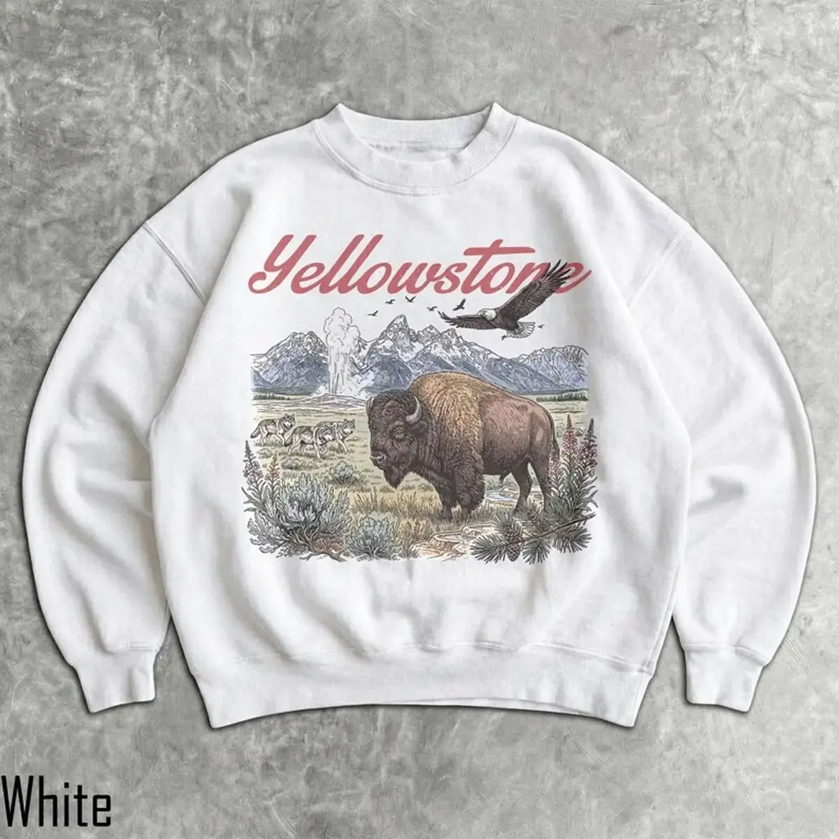 90s Yellowstone Unisex Crewneck Sweatshirt by Kaylan Eppes, Retro National Park Pullover with Bison, Wolves & Eagle, USA-Made & Printed Apparel