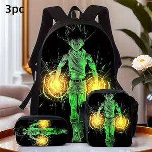 Durable Water Resistant 3-Piece Backpack Set for Kids, Lightweight School Bag with Lunch Box, Featuring Hunter x Hunter Gon Freecss Neon Green Glowing Aura Full-Print, Dark Black Background for Anime Fans Daily School & Casual Use