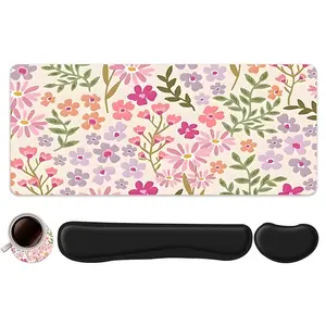 4pcs Pastel Whimsical Floral Design Mouse Pad Set, Mouse Pad with Keyboard Wrist Rest & Coaster, Ergonomic Wrist Support, Computer Mat Mouse Pad Coaster Suitable for Home Office Gaming
