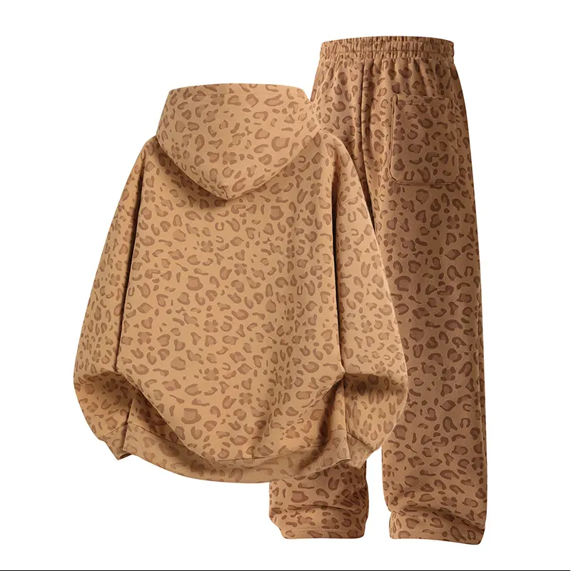 Unisex Cotton 2-Piece All-Over Leopard Print Streetwear Set - Loose-Fit Hoodie & Wide-Leg Pants, Casual Unboxing Gift, Multiple Colors
