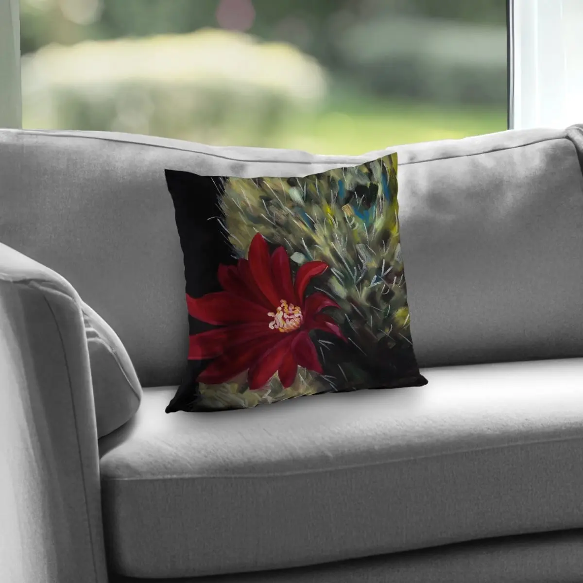 14x14 in Poly Twill Weave Throw Pillow with 360 Stand & Insert (Model C1PT1414AILOHN), Echinopsis Red Cactus Flower Vivid Print on Black Background, Living Room Bedroom Home Decor, Vibrant Elegance