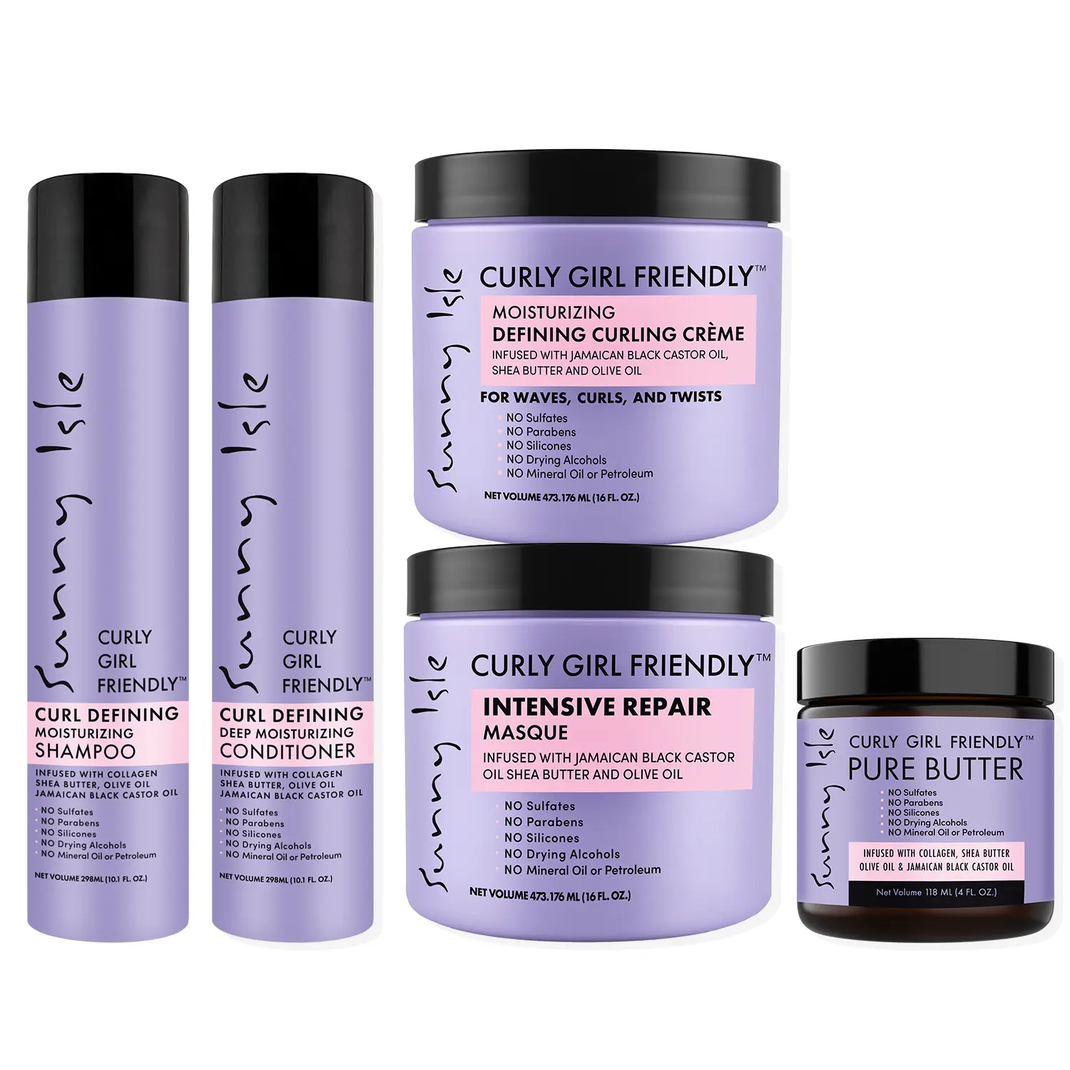 Sunny Isle Curly Girl Friendly 5-Step Curl Defining Routine Bundle 5-Piece Bundle, Curling Cream, Shampoo, Conditioner, Hair & Scalp Butter, Intensive Repair Hair Mask, Hair Growth Support, Cleansing, Healthy Scalp for Coily, Wavy, Curly Hair