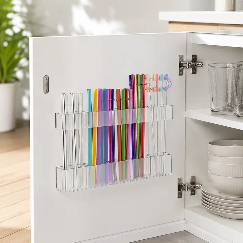 Adjustable Extra-Large Acrylic Cabinet Door Straw Holder – Ultra Sticky Adhesive | 2025 Modern Transparent Reusable Storage for Kitchen & Pantry