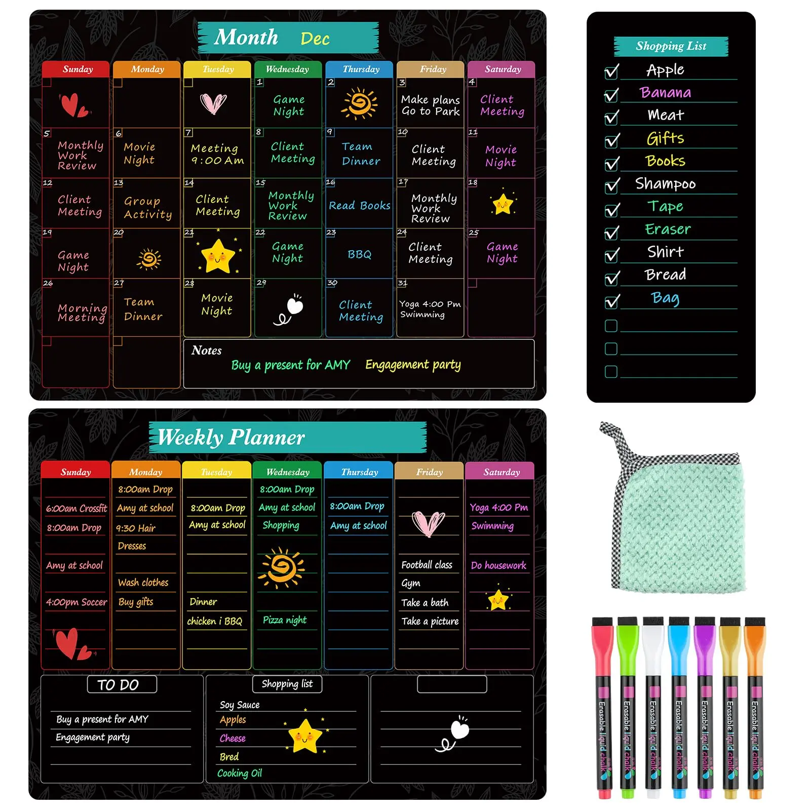 MaxGear Black Magnetic Dry-Erase Calendar Whiteboard with Dry-Erase Surface & Magnetic Hold for Fridge/Locker, 7-Color Markers & Eraser Included, Weekly/Monthly Home Scheduling Planner