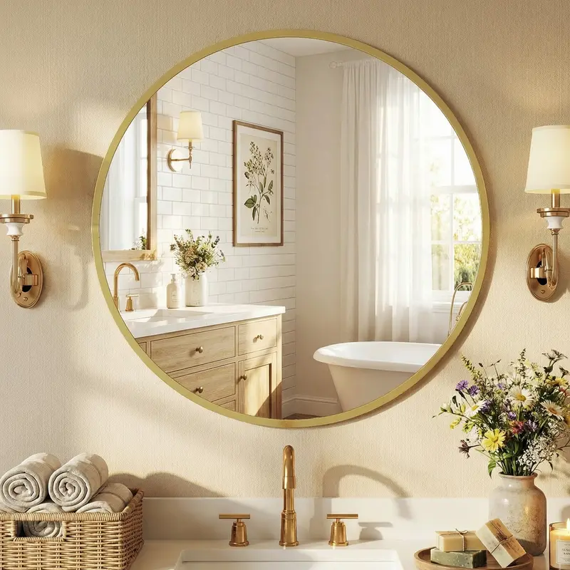 Circle Mirror - Wall-Mounted Bathroom Vanity Mirror for Over-Sink, Desk, Bedroom, Large Circular Statement Aesthetic Home Decor Supply