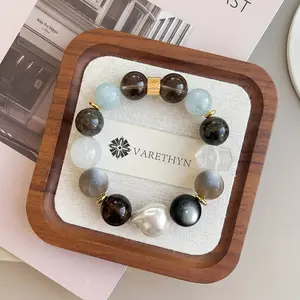 Shadow Mixed Crystal Energy Bracelet Chunky Obsidian  Aquamarine  Moonstone Pearl Phantom Quartz Dark Color Aesthetic Jewelry for Him for Her