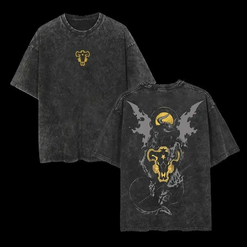 Black Clover Black Bull Oversized Graphic Tee Vintage Acid Wash Anime T Shirt Y2K Streetwear Gym Pump Cover Retro Manga Merch Tiktok Finds Trendy Dark Aesthetic Workout Fit Casual Top Mens Activewear Heavyweight Cotton Shonen Magic Knight