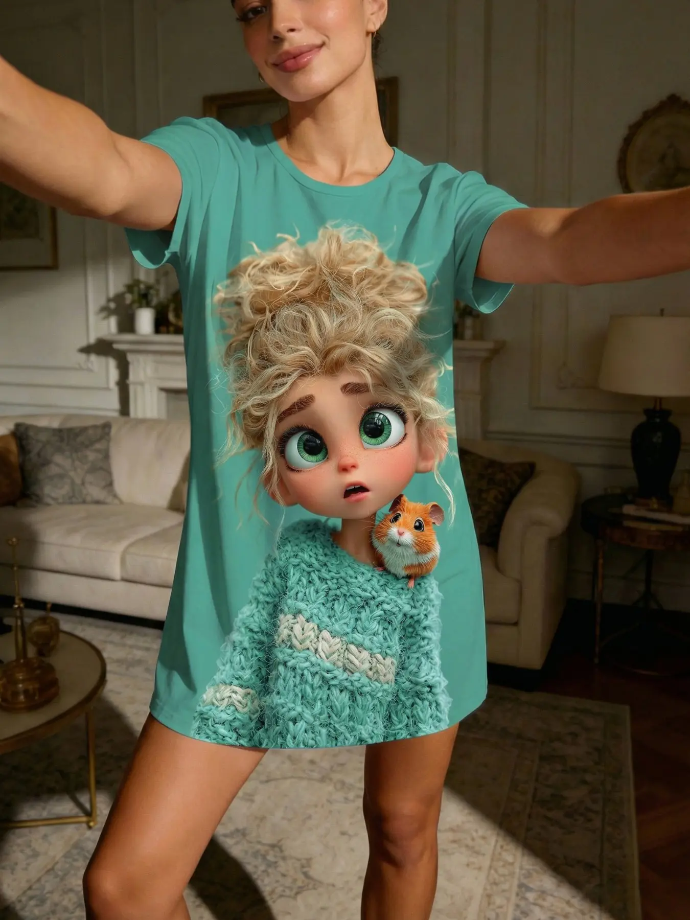 Tiktok Trendy Mint Cartoon Girl Print Short Sleeve Round Neck Sleepwear, Casual Baggy Loungewear for All Seasons